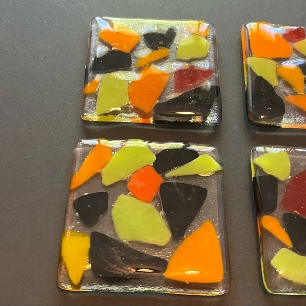 Fused Art Glass Coasters Barware Drink Abstract Geometric Black Orange MCM 4x